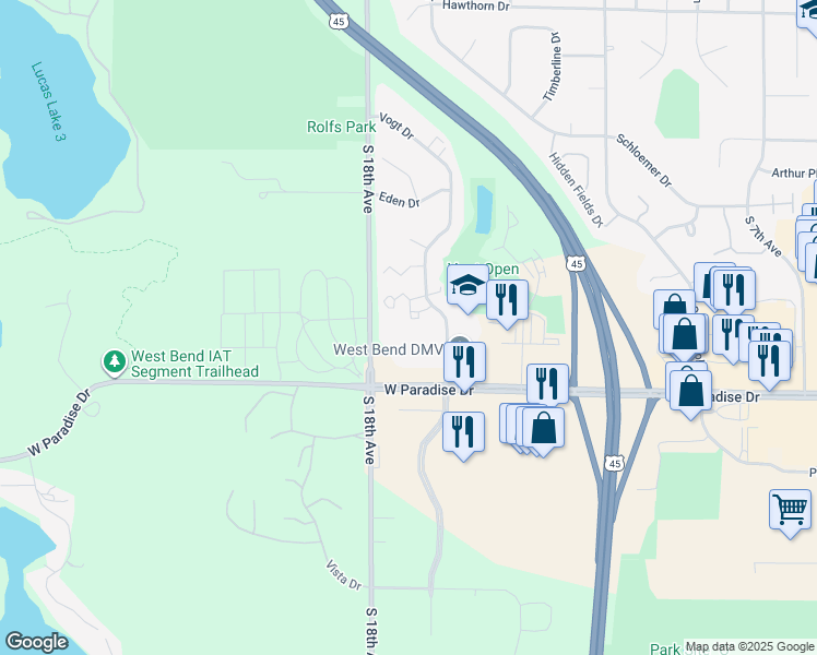 map of restaurants, bars, coffee shops, grocery stores, and more near 1711 South 18th Avenue in West Bend