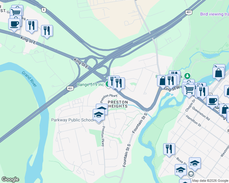 map of restaurants, bars, coffee shops, grocery stores, and more near 200 Preston Parkway in Cambridge