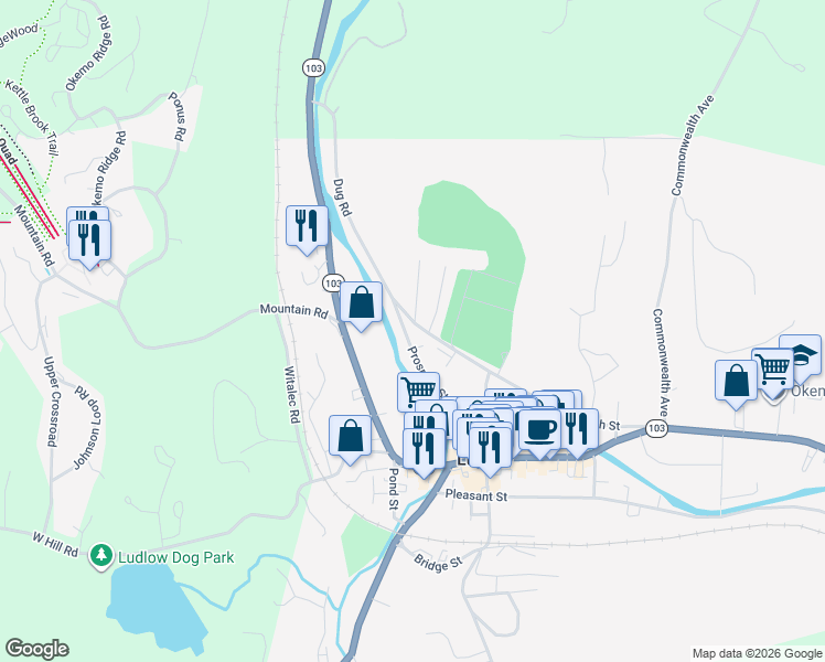map of restaurants, bars, coffee shops, grocery stores, and more near 21 Prospect Street in Ludlow