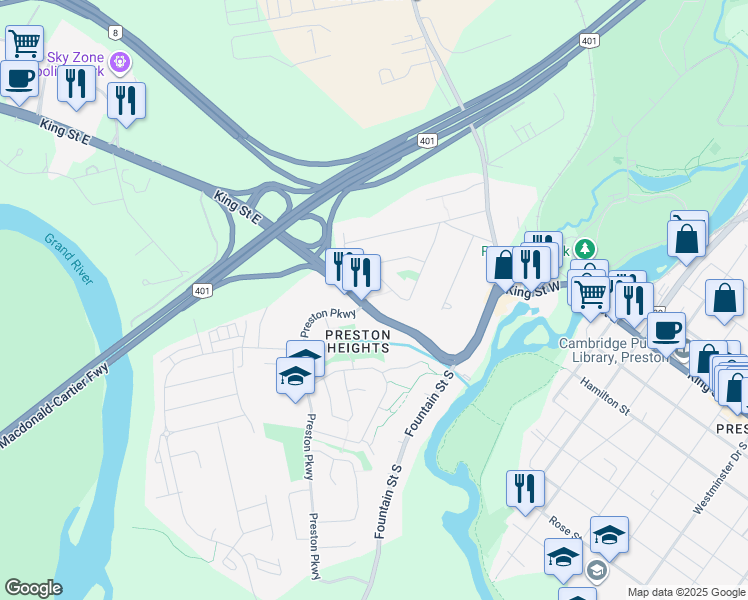 map of restaurants, bars, coffee shops, grocery stores, and more near 340 Shantz Hill in Cambridge
