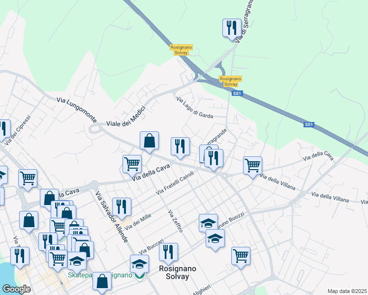 map of restaurants, bars, coffee shops, grocery stores, and more near 11 Via Pasquale Galluppi in Rosignano Solvay-Castiglioncello