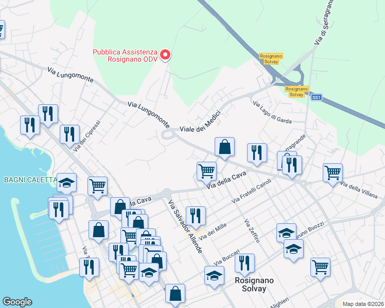 map of restaurants, bars, coffee shops, grocery stores, and more near 2 Via Sergio Tofano in Rosignano Solvay-Castiglioncello