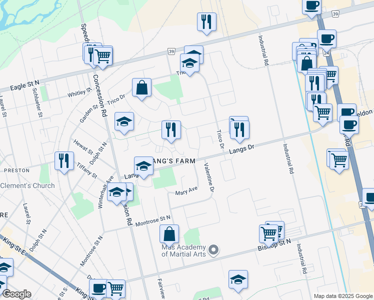 map of restaurants, bars, coffee shops, grocery stores, and more near 711 Kummer Crescent in Cambridge