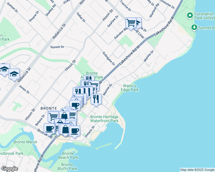 map of restaurants, bars, coffee shops, grocery stores, and more near in Oakville