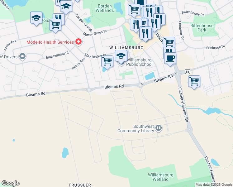 map of restaurants, bars, coffee shops, grocery stores, and more near 1427-1643 Bleams Road in Kitchener