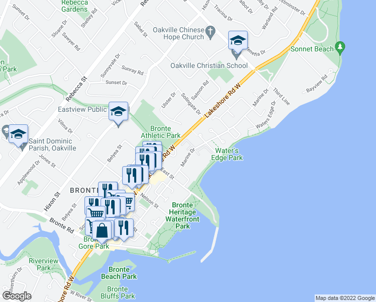 map of restaurants, bars, coffee shops, grocery stores, and more near 2180 Marine Drive in Oakville