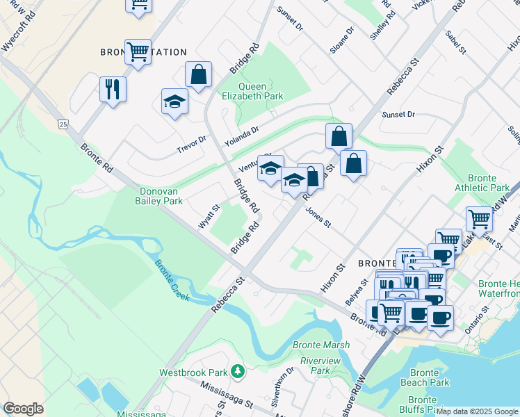 map of restaurants, bars, coffee shops, grocery stores, and more near 2482 Bridge Road in Oakville