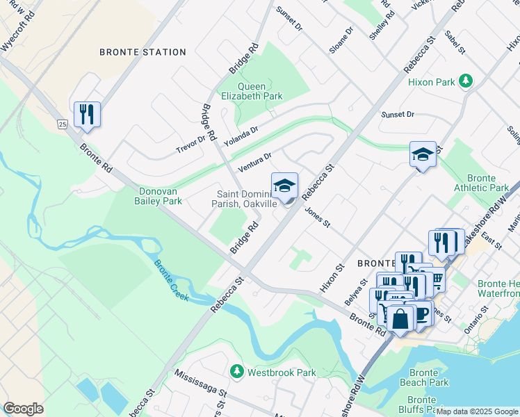 map of restaurants, bars, coffee shops, grocery stores, and more near 2482 Bridge Road in Oakville