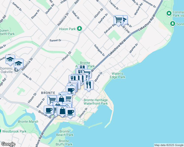 map of restaurants, bars, coffee shops, grocery stores, and more near 2220 Lakeshore Road West in Oakville