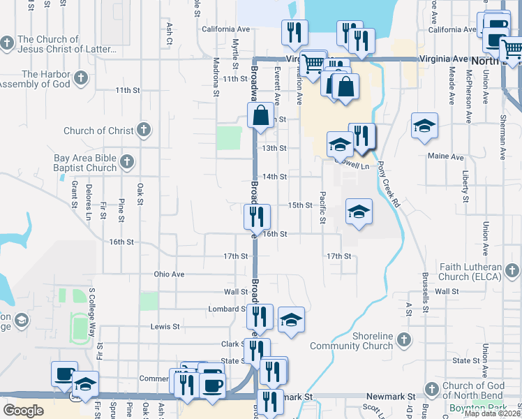map of restaurants, bars, coffee shops, grocery stores, and more near 2515 Broadway Avenue in North Bend