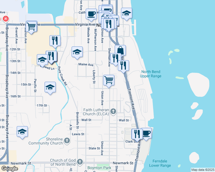 map of restaurants, bars, coffee shops, grocery stores, and more near in North Bend