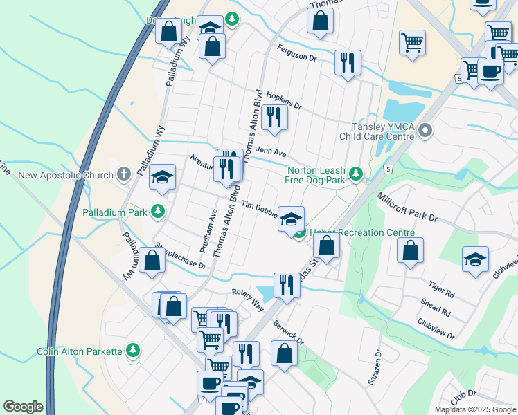 map of restaurants, bars, coffee shops, grocery stores, and more near Tim Dobbie Drive in Burlington