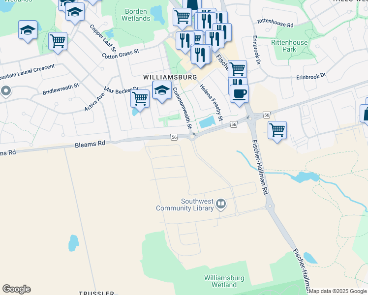map of restaurants, bars, coffee shops, grocery stores, and more near 1531 Bleams Road in Kitchener