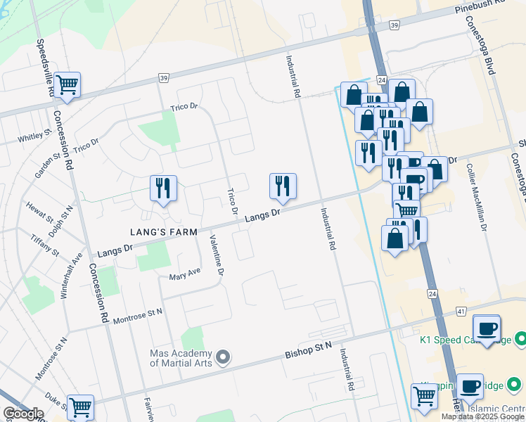 map of restaurants, bars, coffee shops, grocery stores, and more near 897 Langs Drive in Cambridge