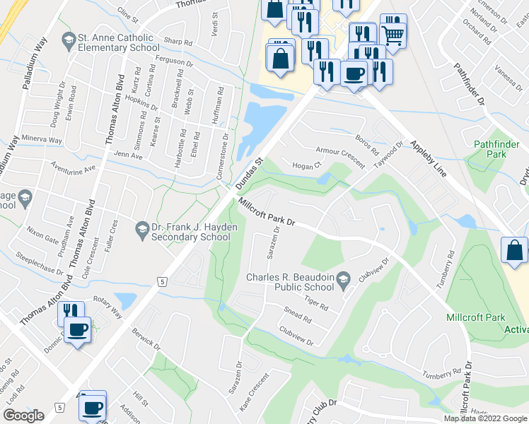 map of restaurants, bars, coffee shops, grocery stores, and more near 4395 Millcroft Park Drive in Burlington