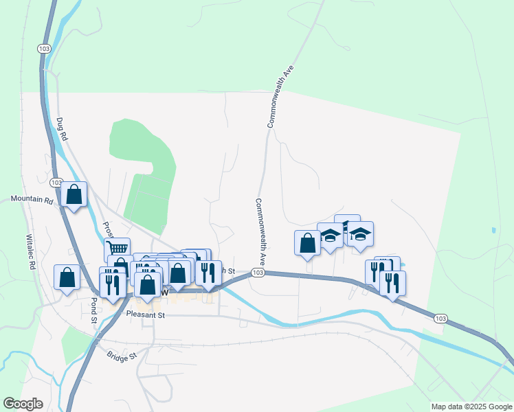 map of restaurants, bars, coffee shops, grocery stores, and more near 30 Commonwealth Avenue in Ludlow