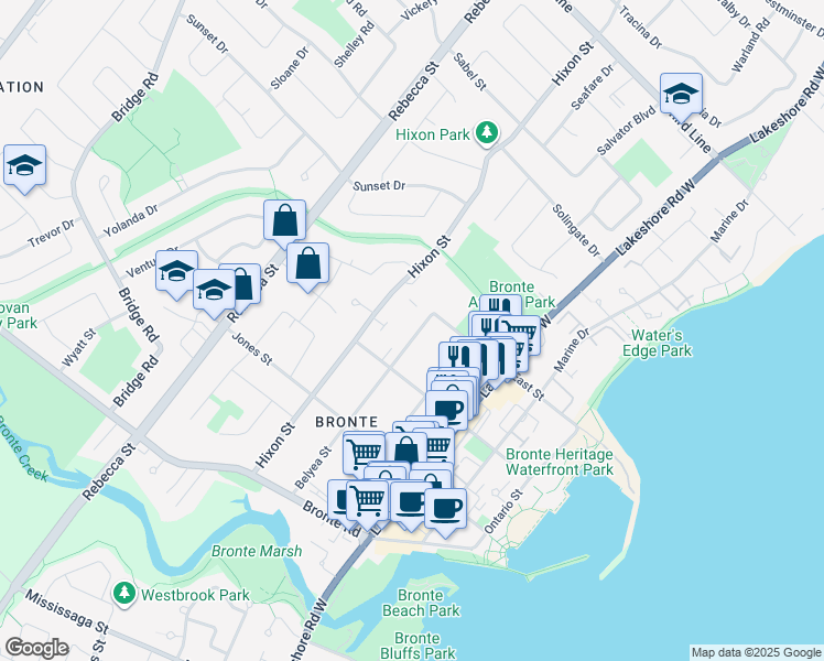 map of restaurants, bars, coffee shops, grocery stores, and more near 2308 Belyea Street in Oakville