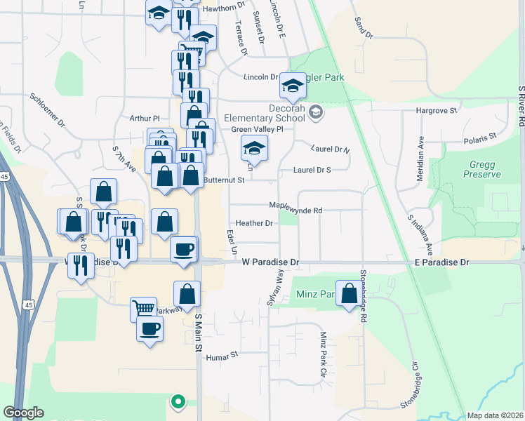 map of restaurants, bars, coffee shops, grocery stores, and more near 224 Heather Drive in West Bend