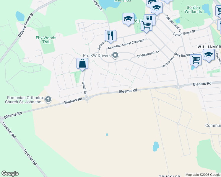 map of restaurants, bars, coffee shops, grocery stores, and more near 130 Snowdrop Crescent in Kitchener