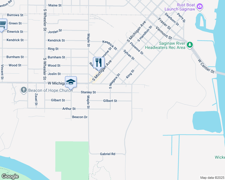 map of restaurants, bars, coffee shops, grocery stores, and more near 2503 South Niagara Street in Saginaw