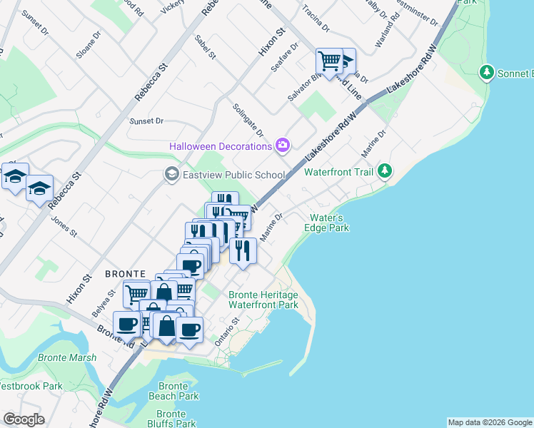 map of restaurants, bars, coffee shops, grocery stores, and more near 2185 Marine Drive in Oakville