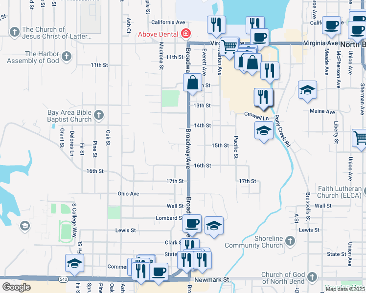 map of restaurants, bars, coffee shops, grocery stores, and more near 2126 16th Street in North Bend
