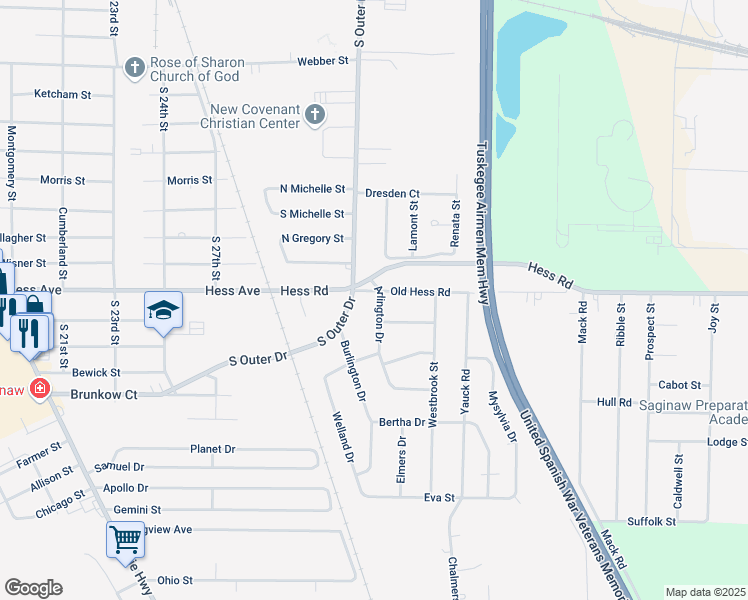 map of restaurants, bars, coffee shops, grocery stores, and more near 2926 South Outer Drive in Saginaw