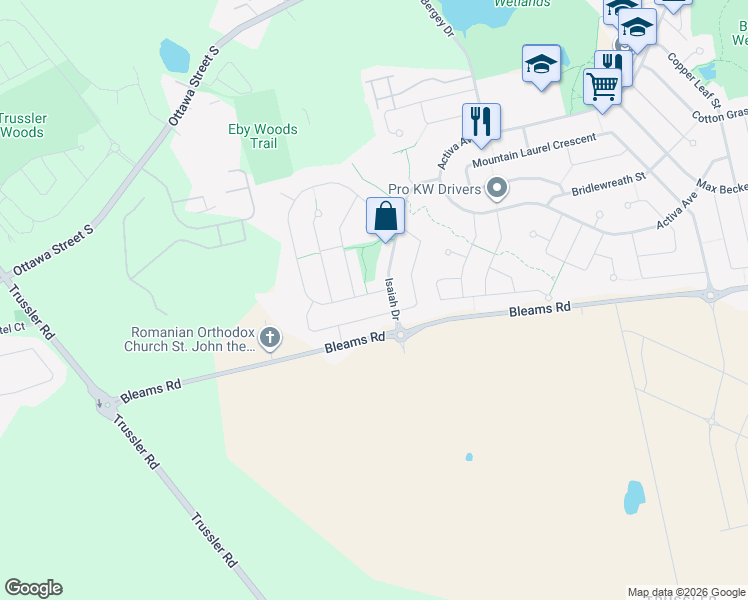 map of restaurants, bars, coffee shops, grocery stores, and more near 17 Eliza Avenue in Kitchener