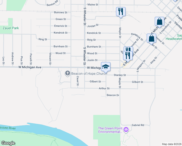 map of restaurants, bars, coffee shops, grocery stores, and more near 1804 South Wheeler Street in Saginaw