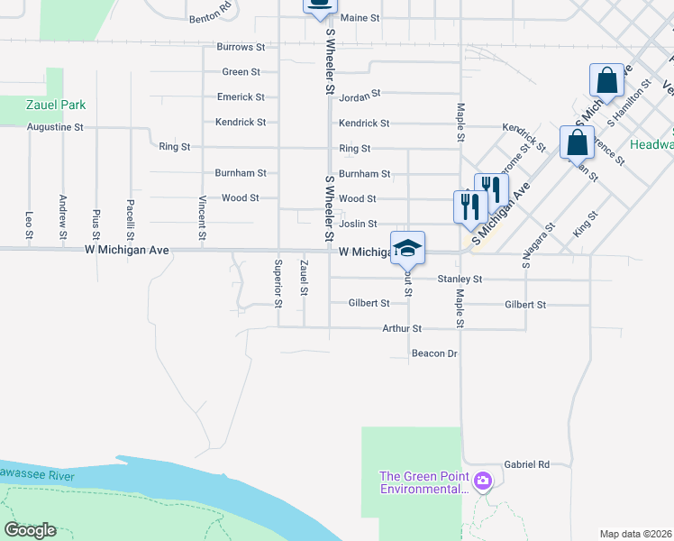 map of restaurants, bars, coffee shops, grocery stores, and more near 1804 South Wheeler Street in Saginaw