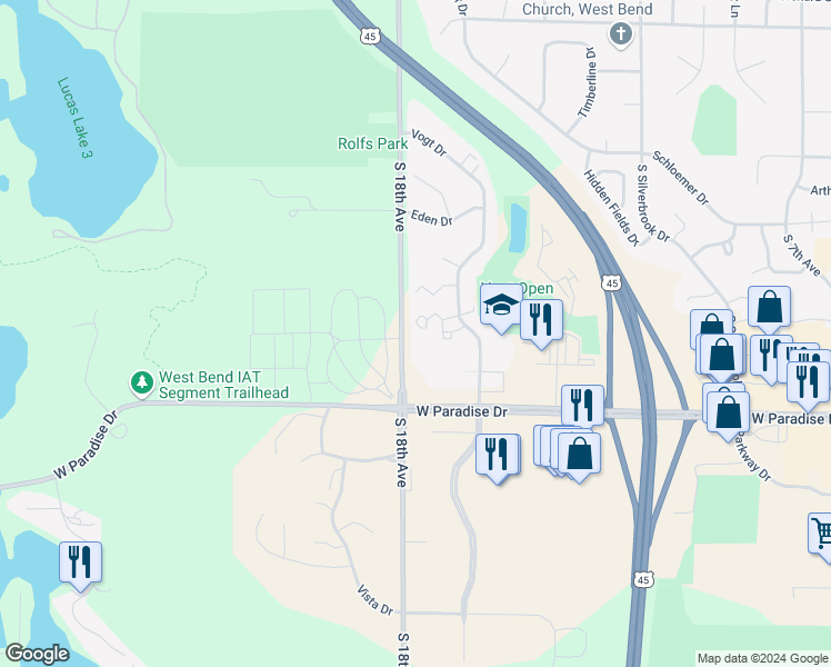 map of restaurants, bars, coffee shops, grocery stores, and more near 1628 Vogt Drive in West Bend
