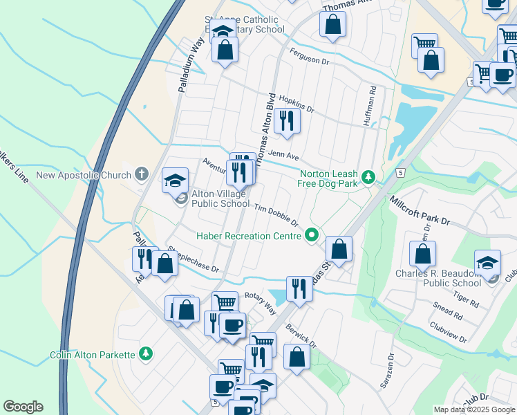 map of restaurants, bars, coffee shops, grocery stores, and more near Tim Dobbie Drive & Murvel Avenue in Burlington