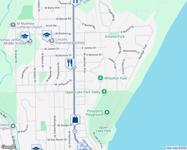 map of restaurants, bars, coffee shops, grocery stores, and more near 325 East Whitefish Road in Port Washington