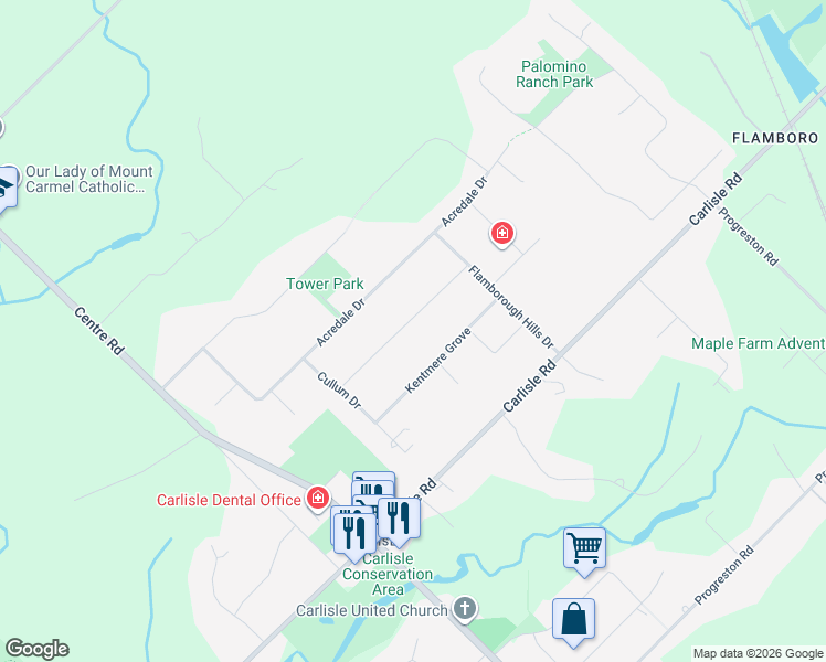 map of restaurants, bars, coffee shops, grocery stores, and more near 16 Bannisdale Way in Hamilton
