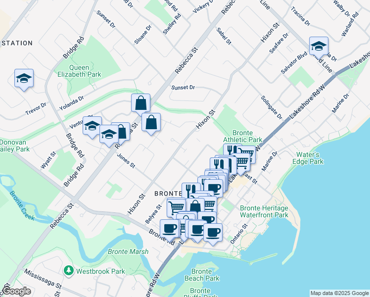 map of restaurants, bars, coffee shops, grocery stores, and more near 187 Nelson Street in Oakville