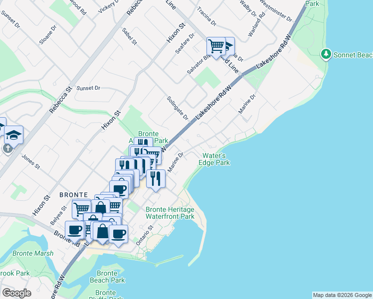 map of restaurants, bars, coffee shops, grocery stores, and more near 2185 Marine Drive in Oakville