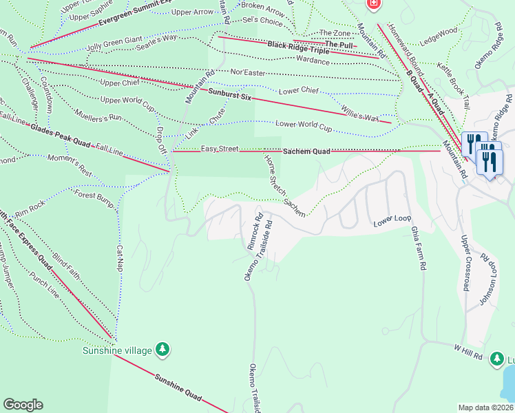 map of restaurants, bars, coffee shops, grocery stores, and more near 198 Trailside Road in Windsor County