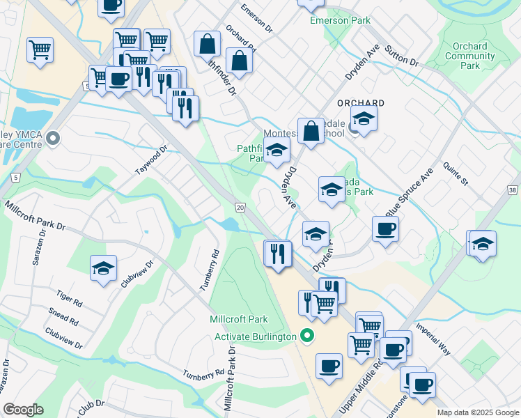 map of restaurants, bars, coffee shops, grocery stores, and more near 5157 Bunton Crescent in Burlington