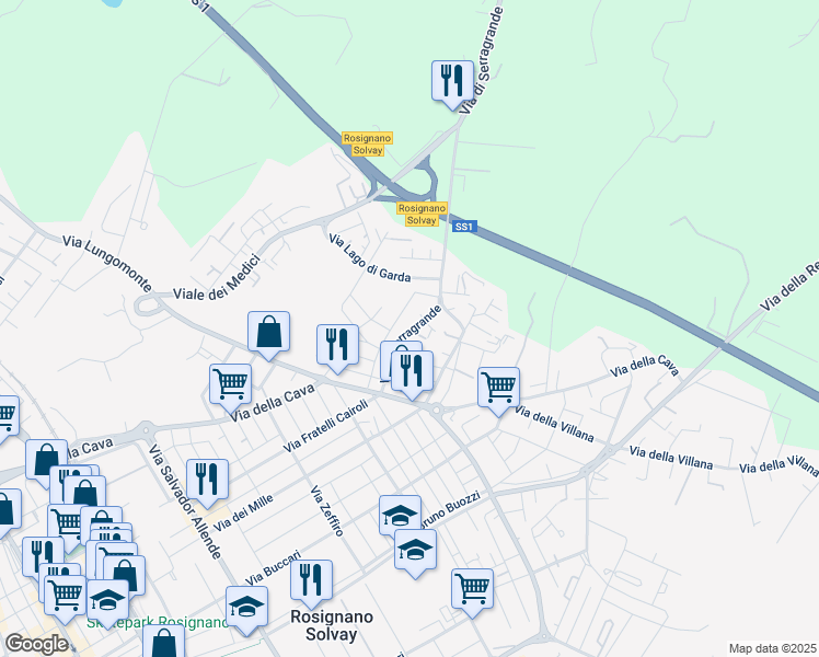 map of restaurants, bars, coffee shops, grocery stores, and more near 50 Via A. Rosmini in Rosignano Solvay-Castiglioncello