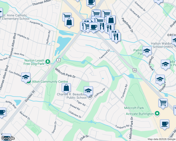 map of restaurants, bars, coffee shops, grocery stores, and more near 4280 Taywood Drive in Burlington