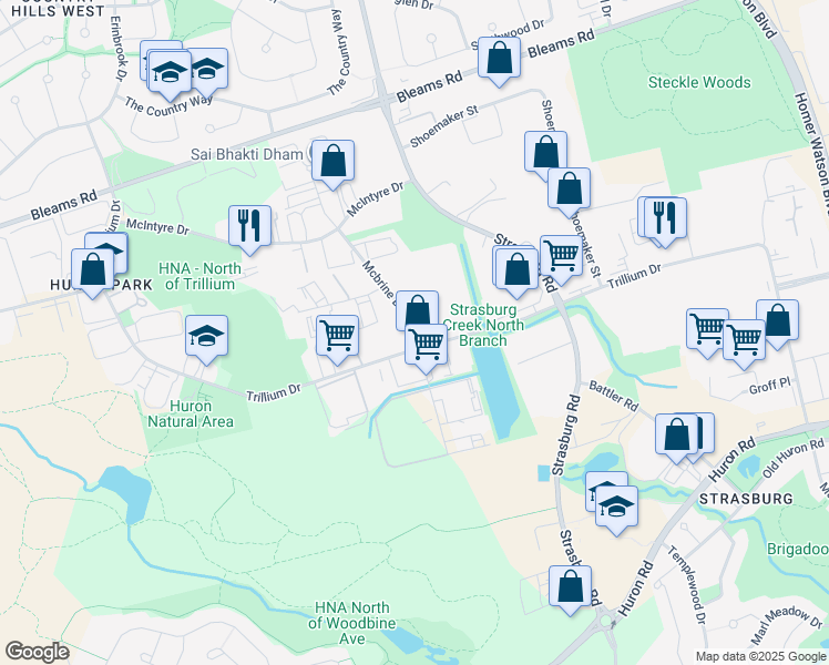 map of restaurants, bars, coffee shops, grocery stores, and more near Mcbrine Drive in Kitchener