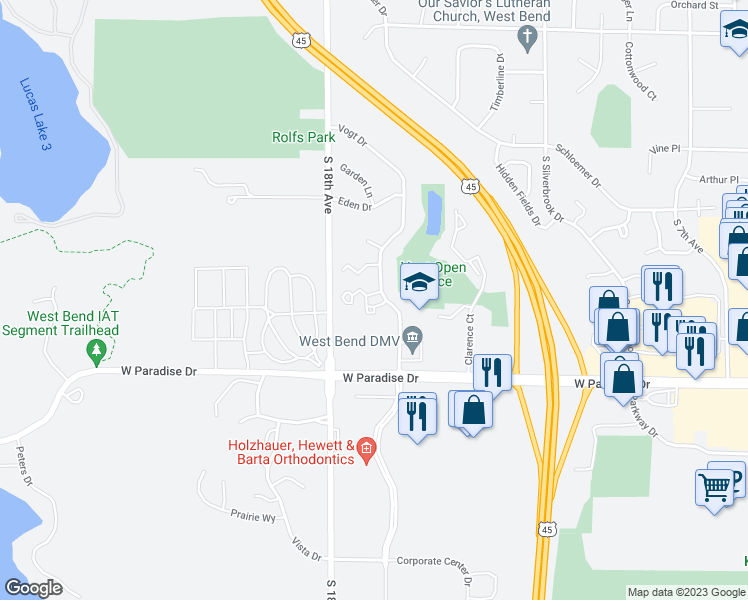 map of restaurants, bars, coffee shops, grocery stores, and more near 1612 Vogt Drive in West Bend
