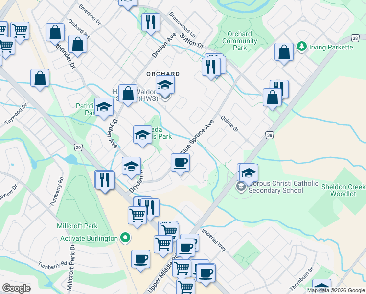 map of restaurants, bars, coffee shops, grocery stores, and more near 5189 Blue Spruce Avenue in Burlington