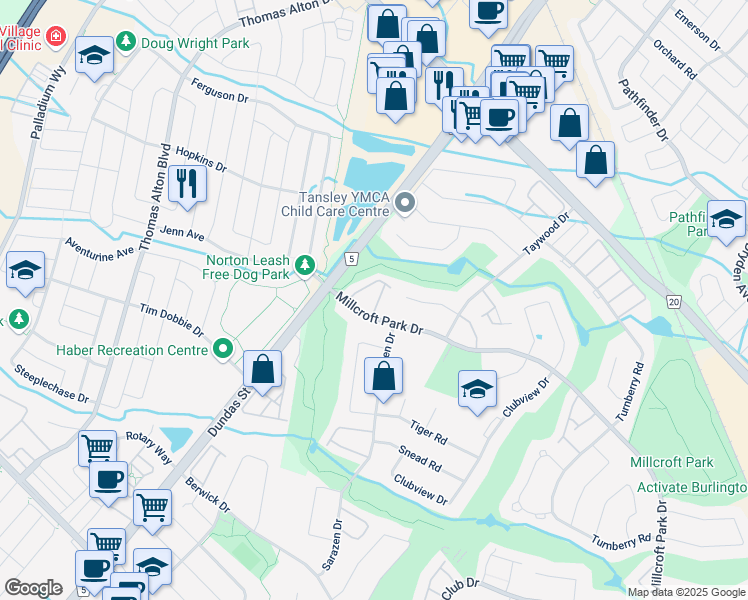 map of restaurants, bars, coffee shops, grocery stores, and more near 4400 Millcroft Park Drive in Burlington