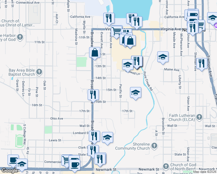 map of restaurants, bars, coffee shops, grocery stores, and more near 2478 Marion Avenue in North Bend