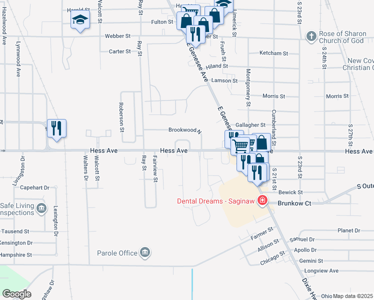 map of restaurants, bars, coffee shops, grocery stores, and more near 17 Brookwood South in Saginaw