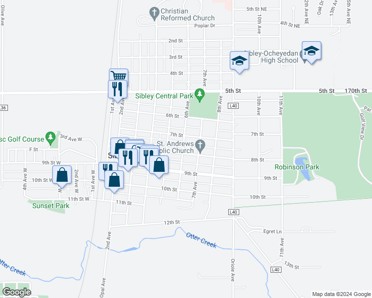 map of restaurants, bars, coffee shops, grocery stores, and more near 715 6th Avenue in Sibley