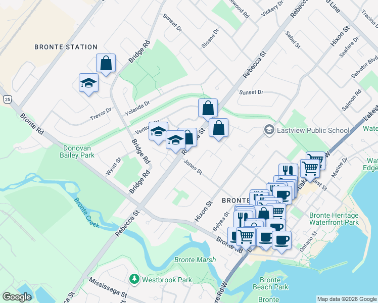 map of restaurants, bars, coffee shops, grocery stores, and more near 2382 Rebecca Street in Oakville