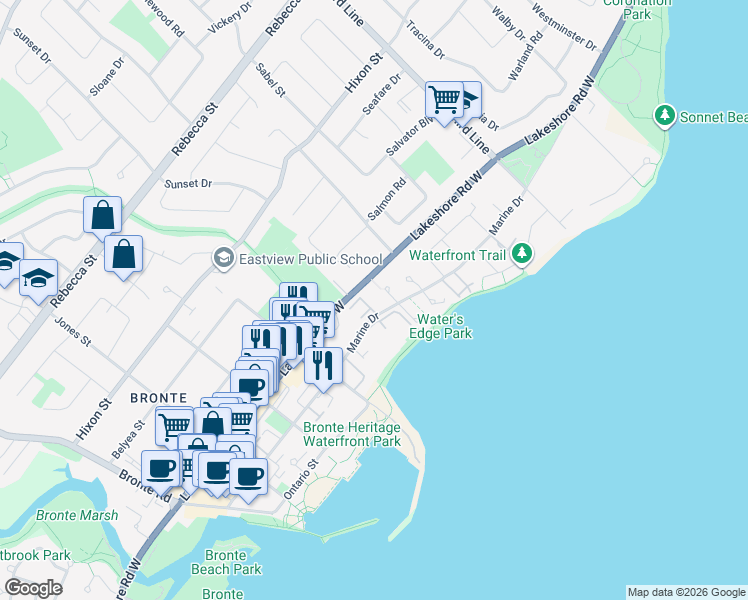 map of restaurants, bars, coffee shops, grocery stores, and more near 2175 Marine Drive in Oakville