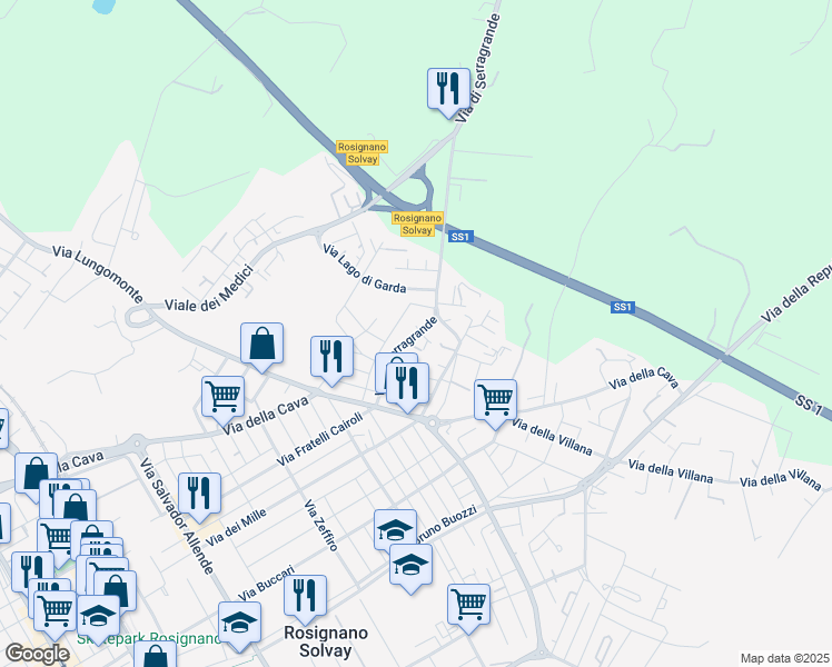 map of restaurants, bars, coffee shops, grocery stores, and more near 50 Via A. Rosmini in Rosignano Solvay-Castiglioncello